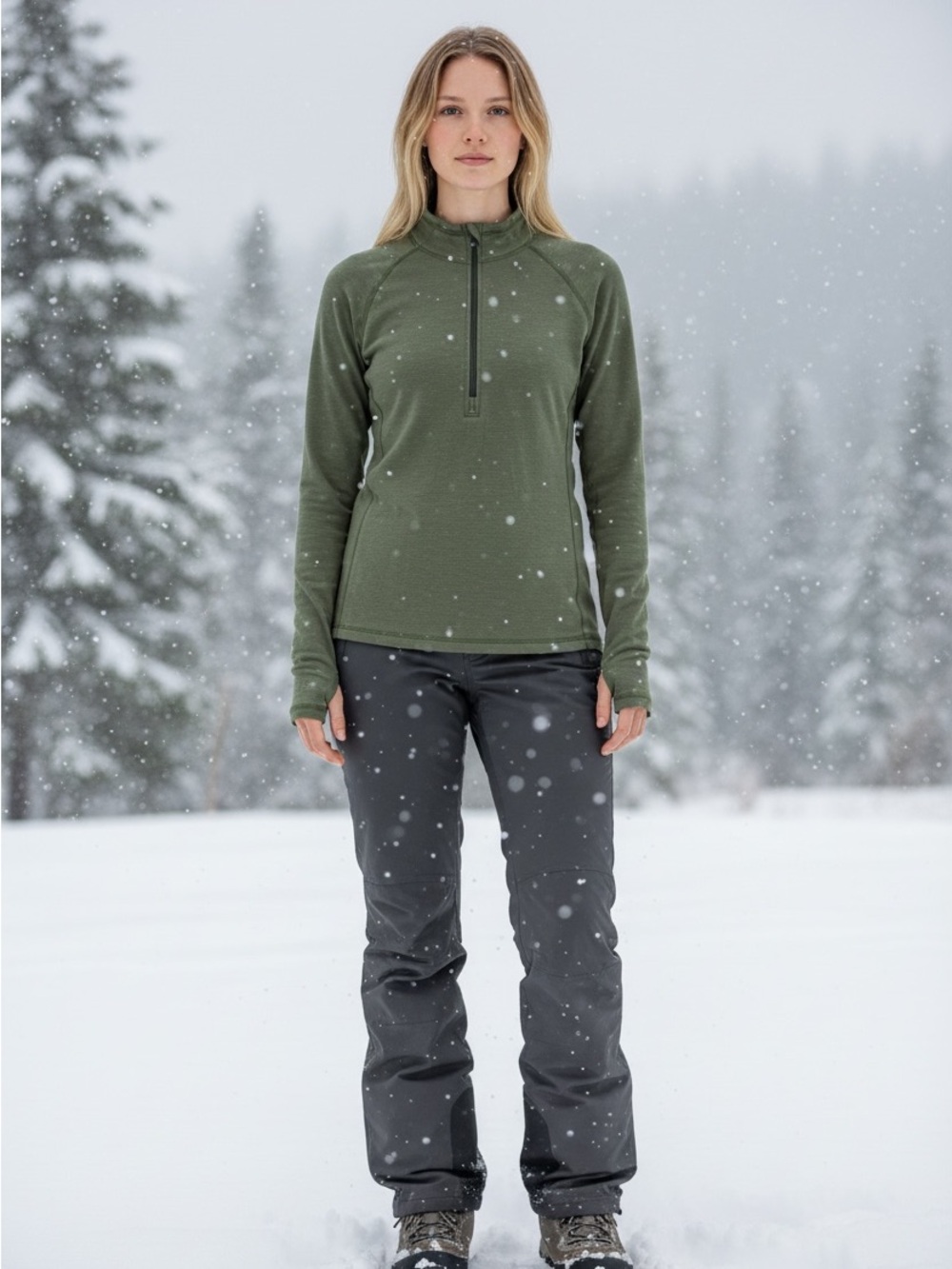 Ibex Women’s 100% Merino Wool 1/4 Zip Base Layer – Olive Green Small
